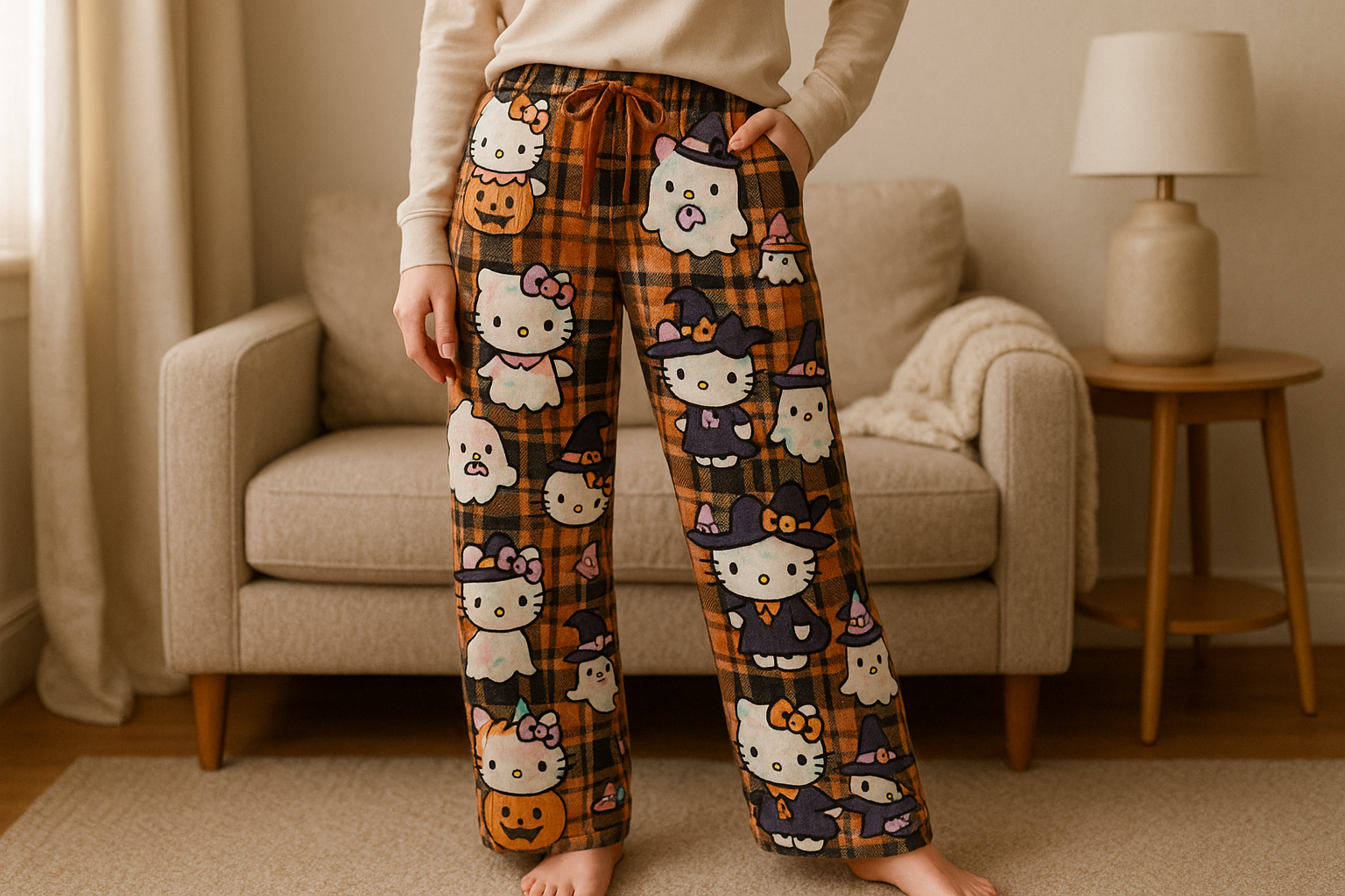 Sanrio Hello Kitty Pajamas Halloween Flannel Fashion Trouserswomen Kawaii Woolen Anime Cartoon Casual Home Pants Autumn with model