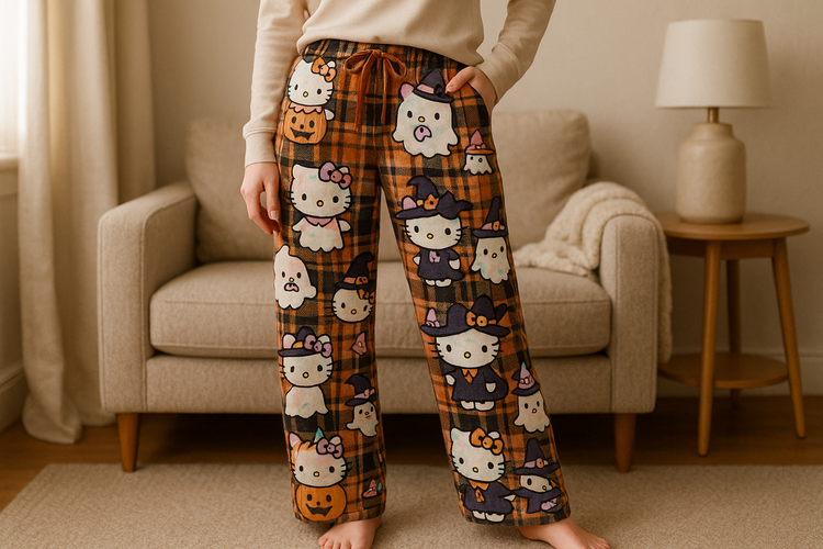 Sanrio Hello Kitty Pajamas Halloween Flannel Fashion Trouserswomen Kawaii Woolen Anime Cartoon Casual Home Pants Autumn with model